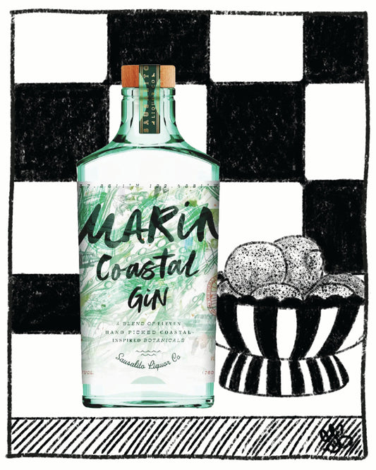 Bottle of Marin Coastal Gin with a black and white checkered background