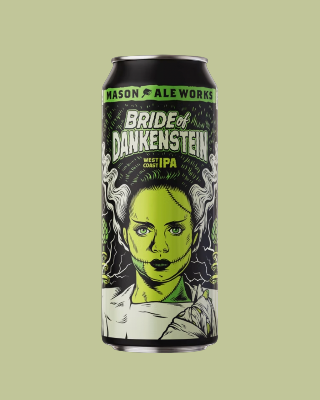 A single can of Mason Ale Works Bride of Dankenstein West Coast IPA centered on a solid sage green background. The can features a black label with a stylized illustration of a woman with green skin and white hair, with white and lime green text.