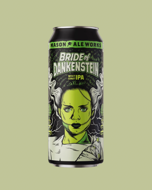 A single can of Mason Ale Works Bride of Dankenstein West Coast IPA centered on a solid sage green background. The can features a black label with a stylized illustration of a woman with green skin and white hair, with white and lime green text.