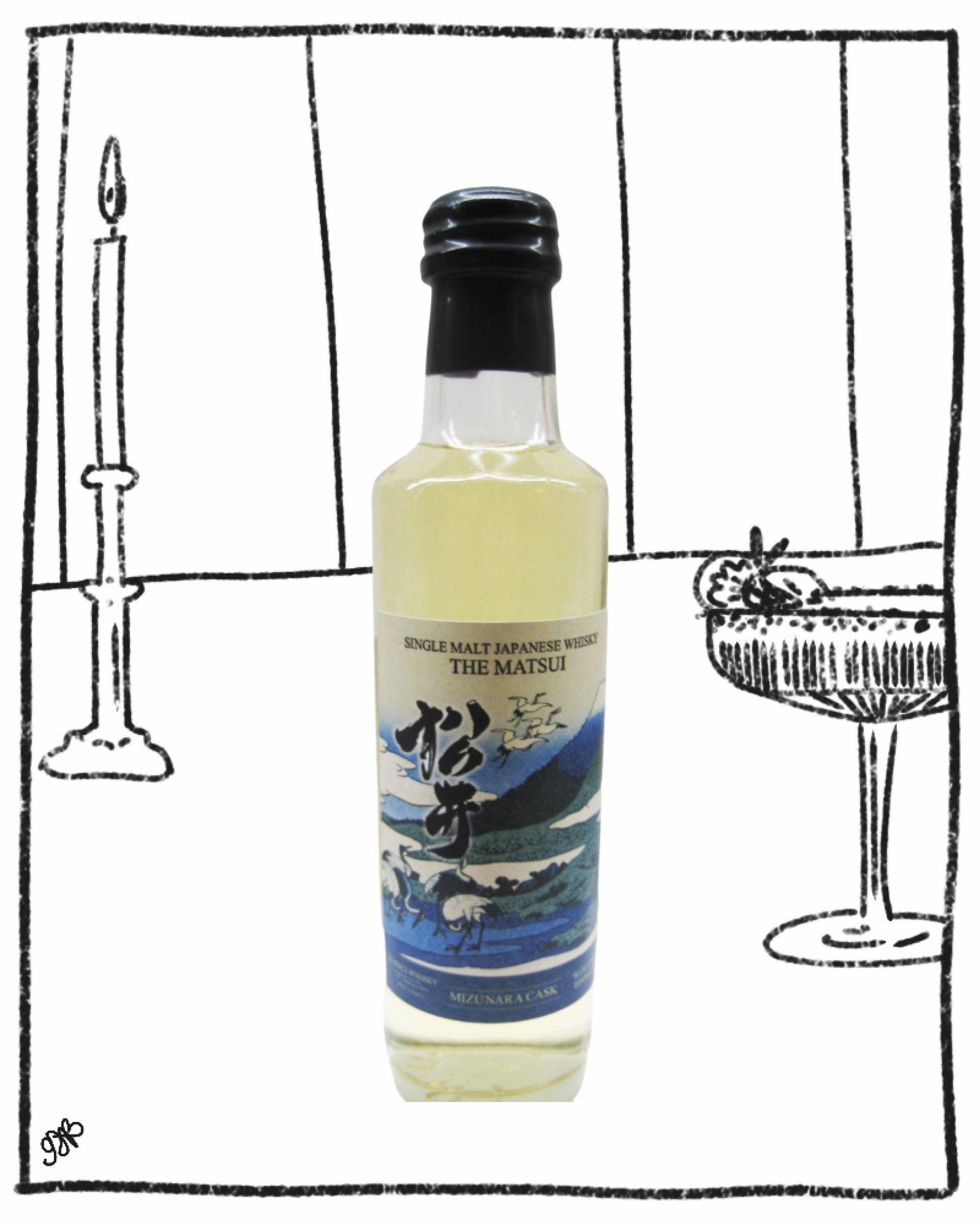 Bottle of Japanese whisky with a decorative label on a black and white background