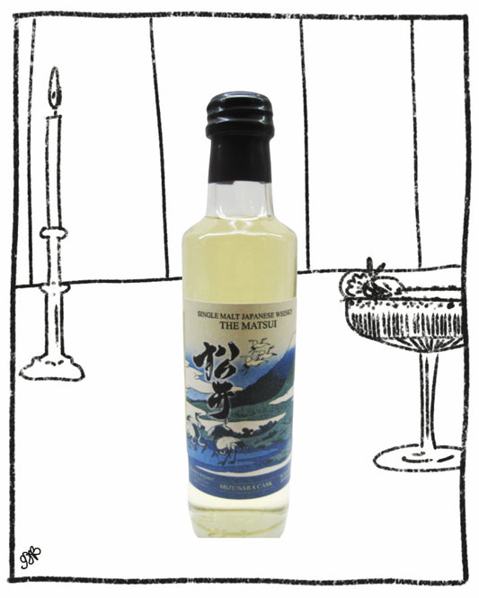 Bottle of Japanese whisky with a decorative label on a black and white background