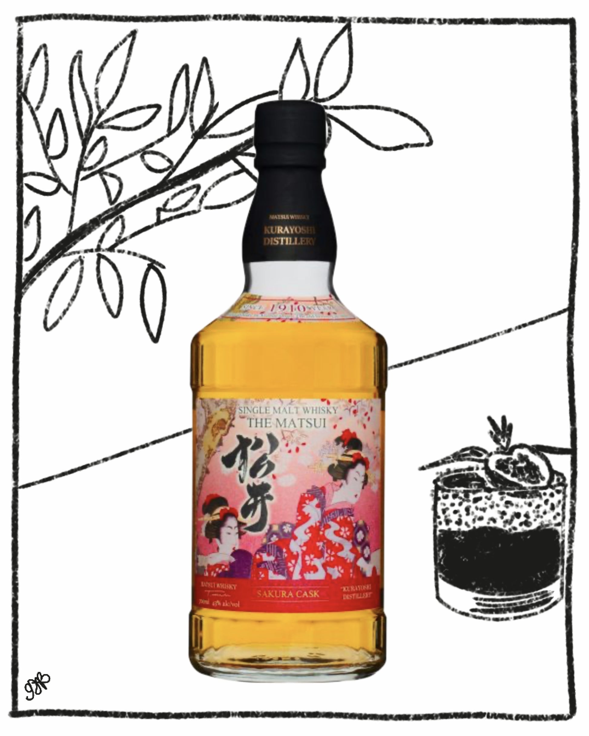 Bottle of whisky with decorative label on a black and white illustrated background
