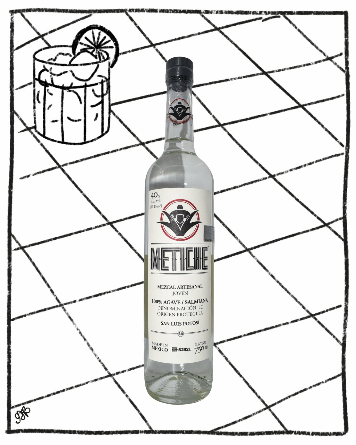 Bottle of Metiche mezcal with a cocktail illustration on a grid background