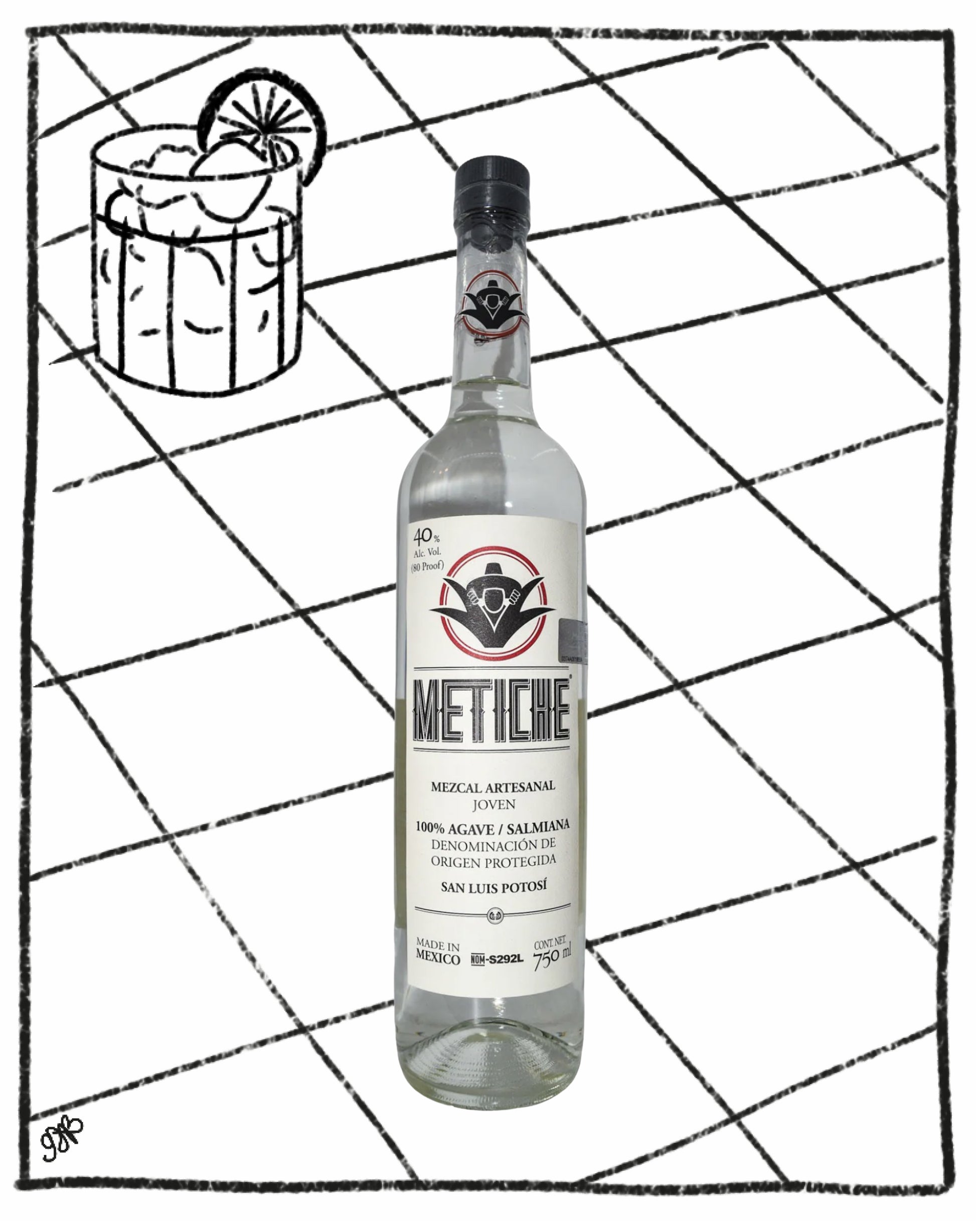 Bottle of Metiche mezcal with a cocktail illustration on a grid background