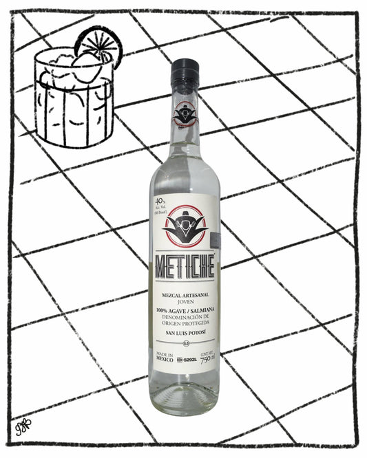 Bottle of Metiche mezcal with a cocktail illustration on a grid background