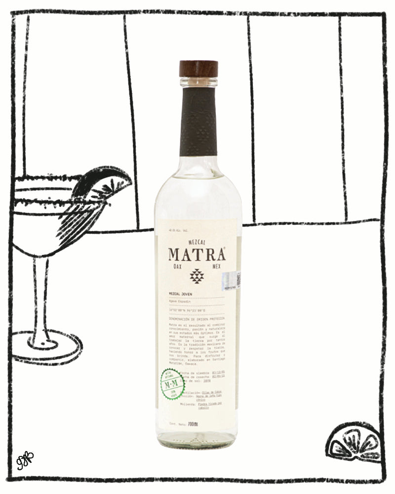 Bottle of Matra mixer with a cocktail illustration in the background