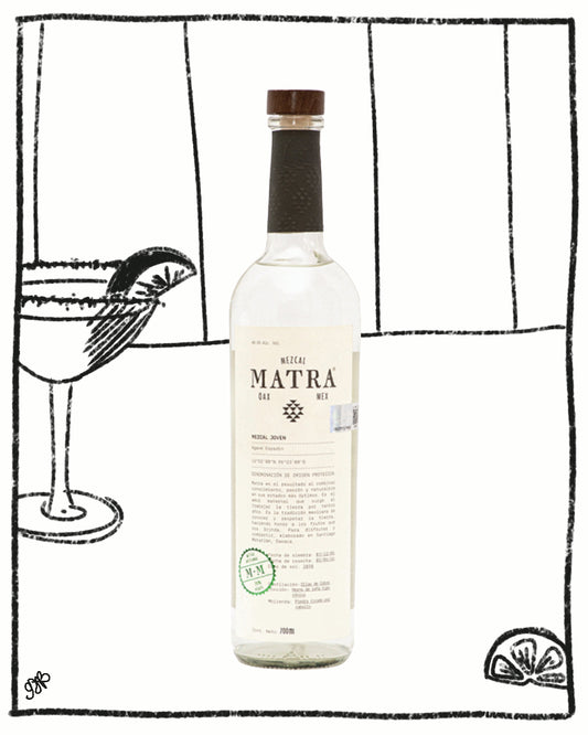 Bottle of Matra mixer with a cocktail illustration in the background