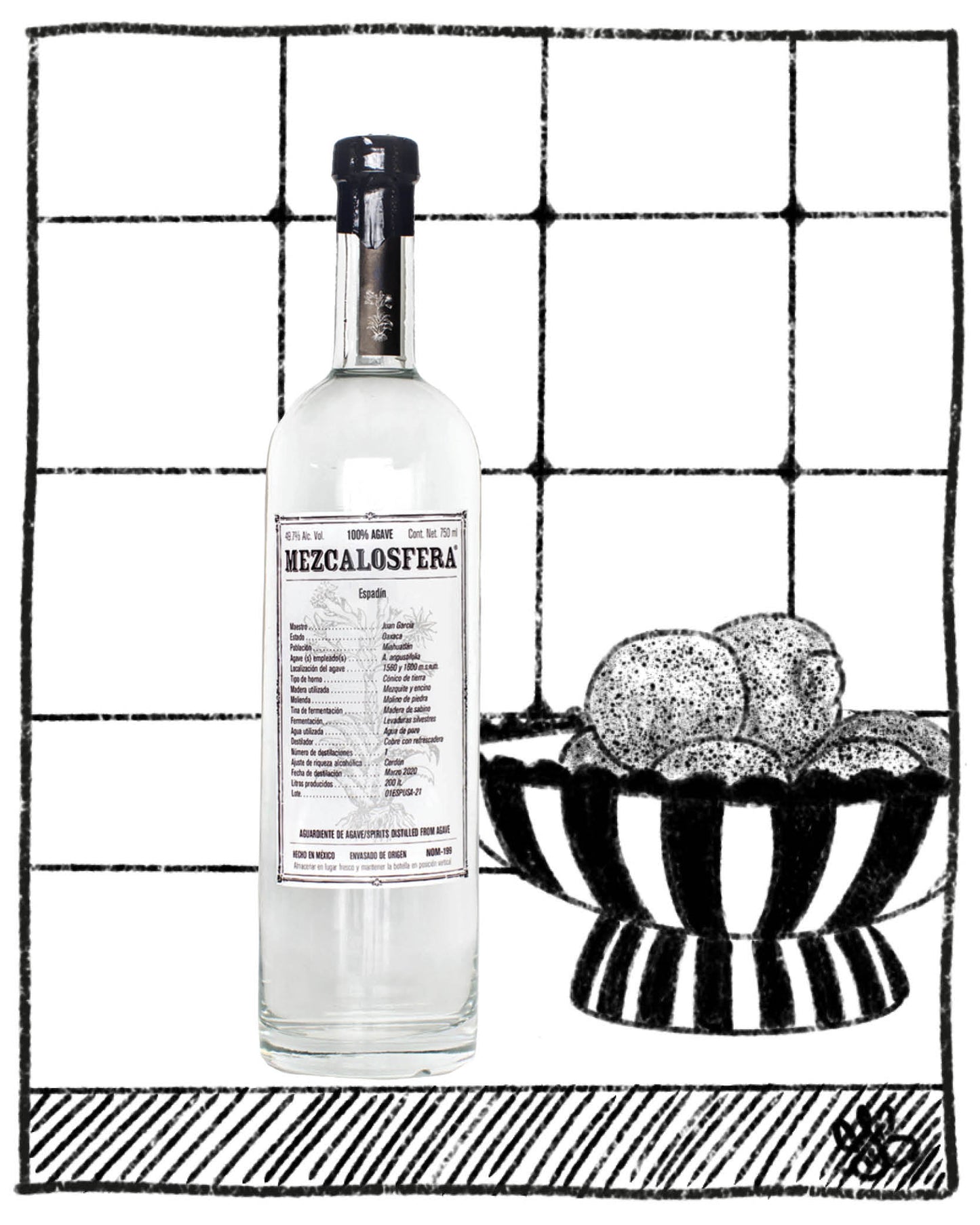 Bottle of Mezcalosfera with a bowl of eggs on a tiled background