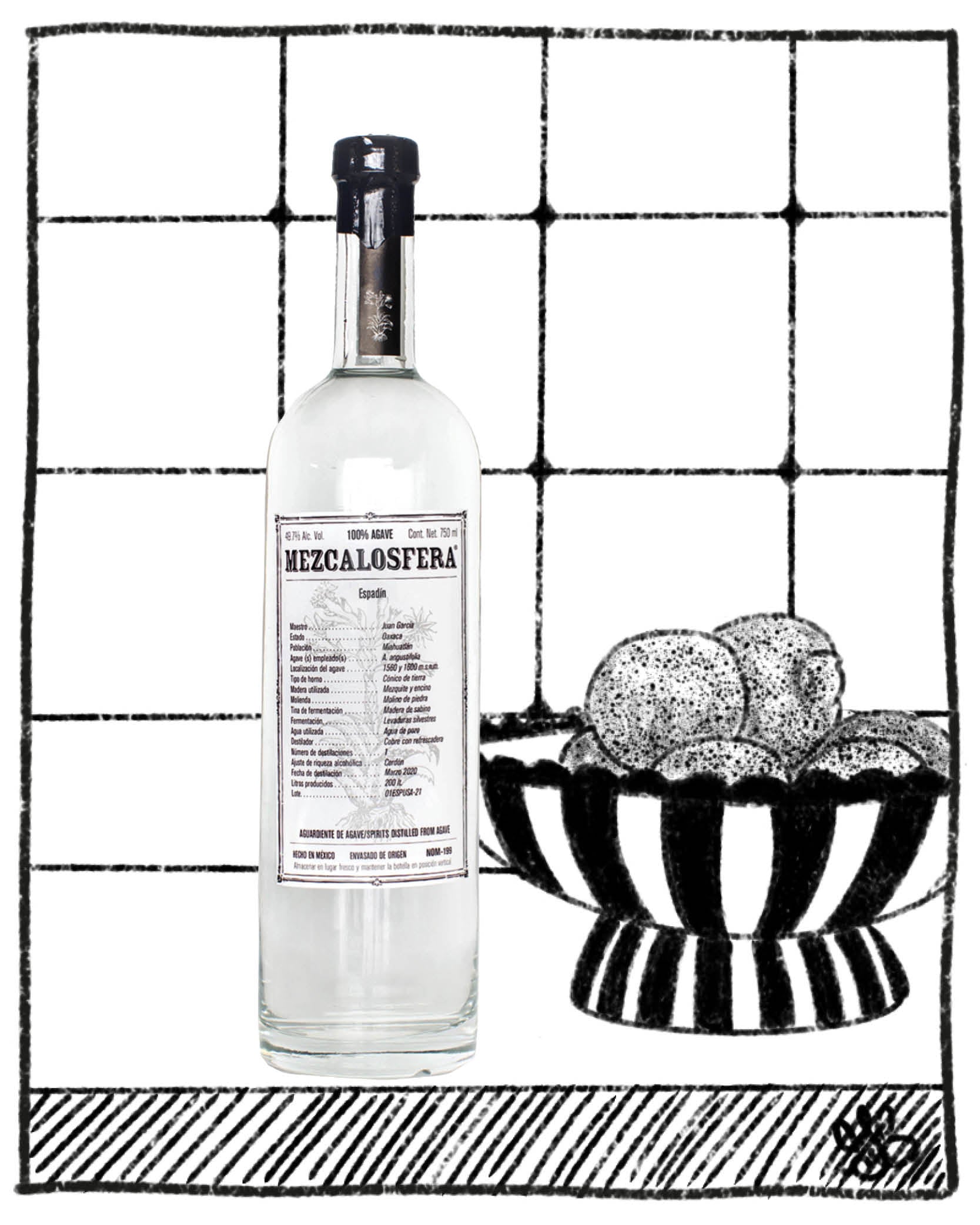 Bottle of Mezcalosfera with a bowl of eggs on a tiled background