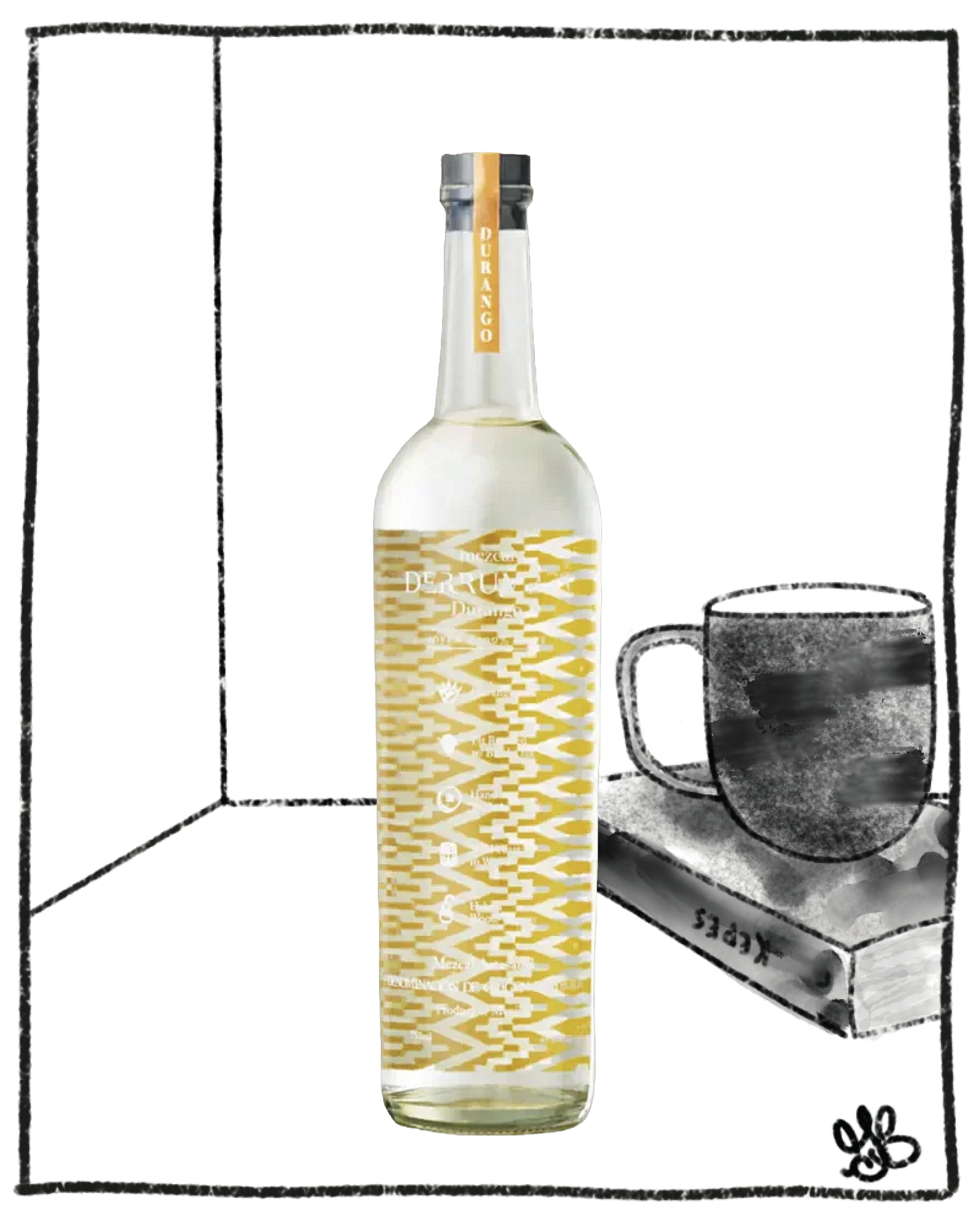 Bottle with a yellow geometric pattern next to a mug and book on a white background