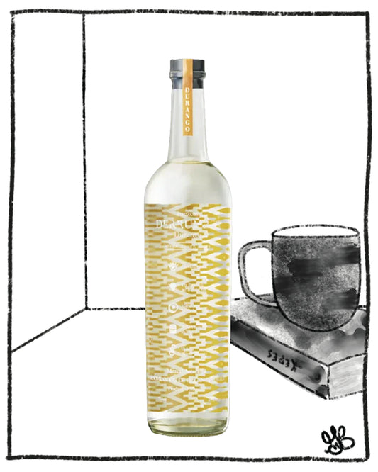 Bottle with a yellow geometric pattern next to a mug and book on a white background