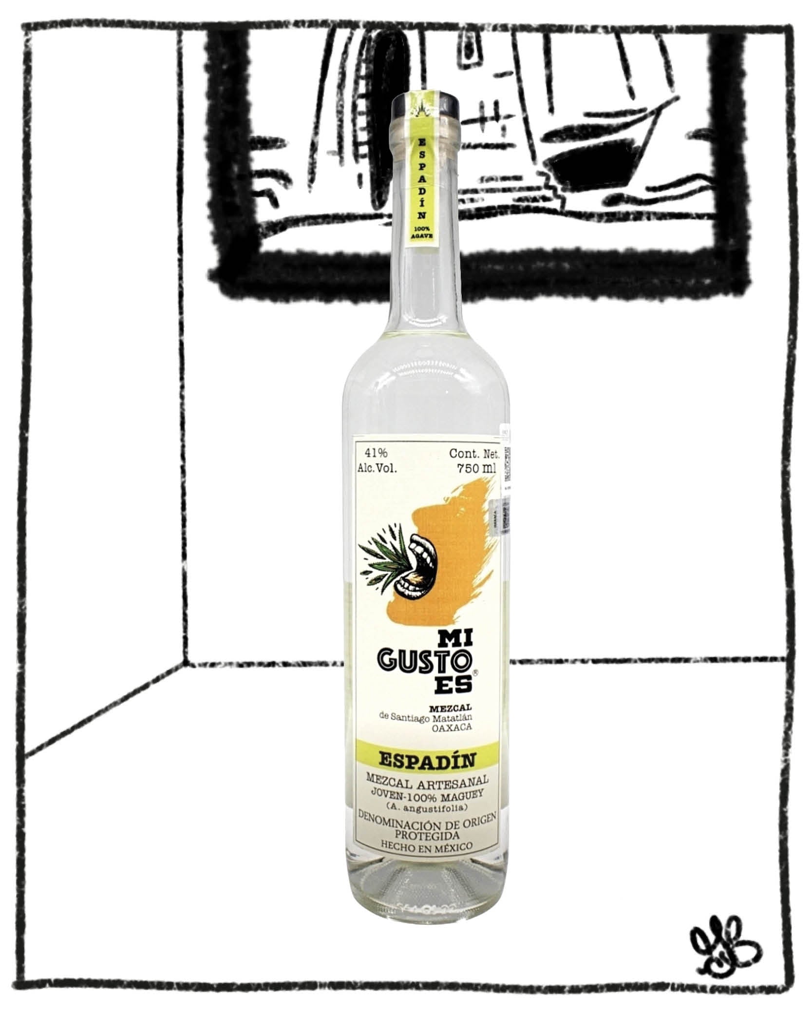 Bottle of Mi Gusto Es Espadin agave spirit with a black and white illustration in the background.