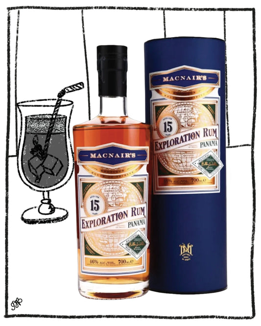 A bottle of Macnair's 15 Year Exploration Rum alongside its tall navy blue cylindrical gift box, with a hand-drawn cocktail glass illustration on a white background with a black sketch border.