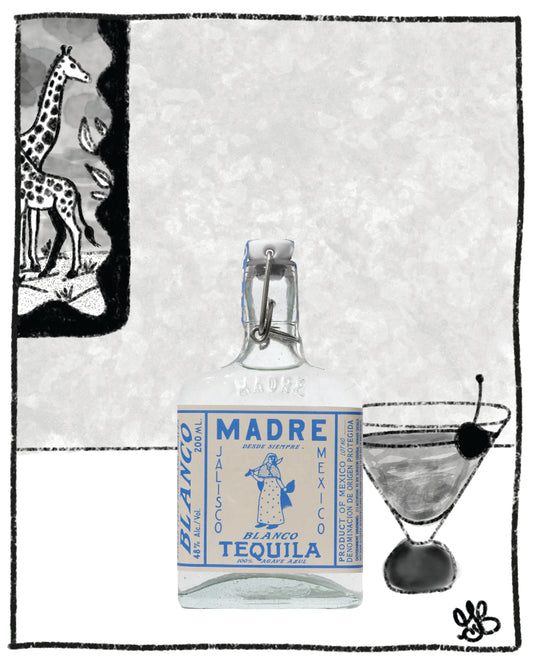 Tequila bottle labeled 'Madre' with a martini glass and giraffe illustration on a white background