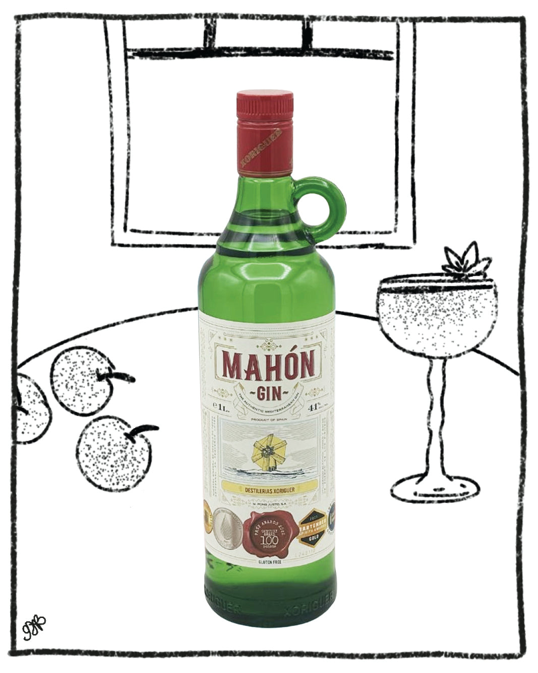 Bottle of Mahon Gin with a glass and cherries in the background