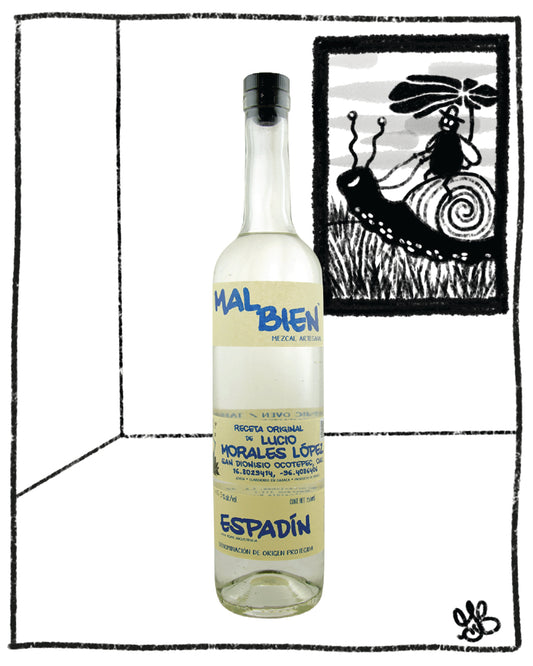 Bottle of Mal Bien Espadin tequila with a decorative black and white illustration in the corner.