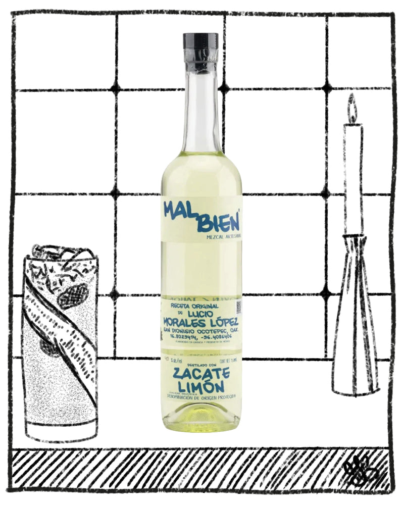 Bottle of Mal Bien Zacate Limon on a black and white grid background