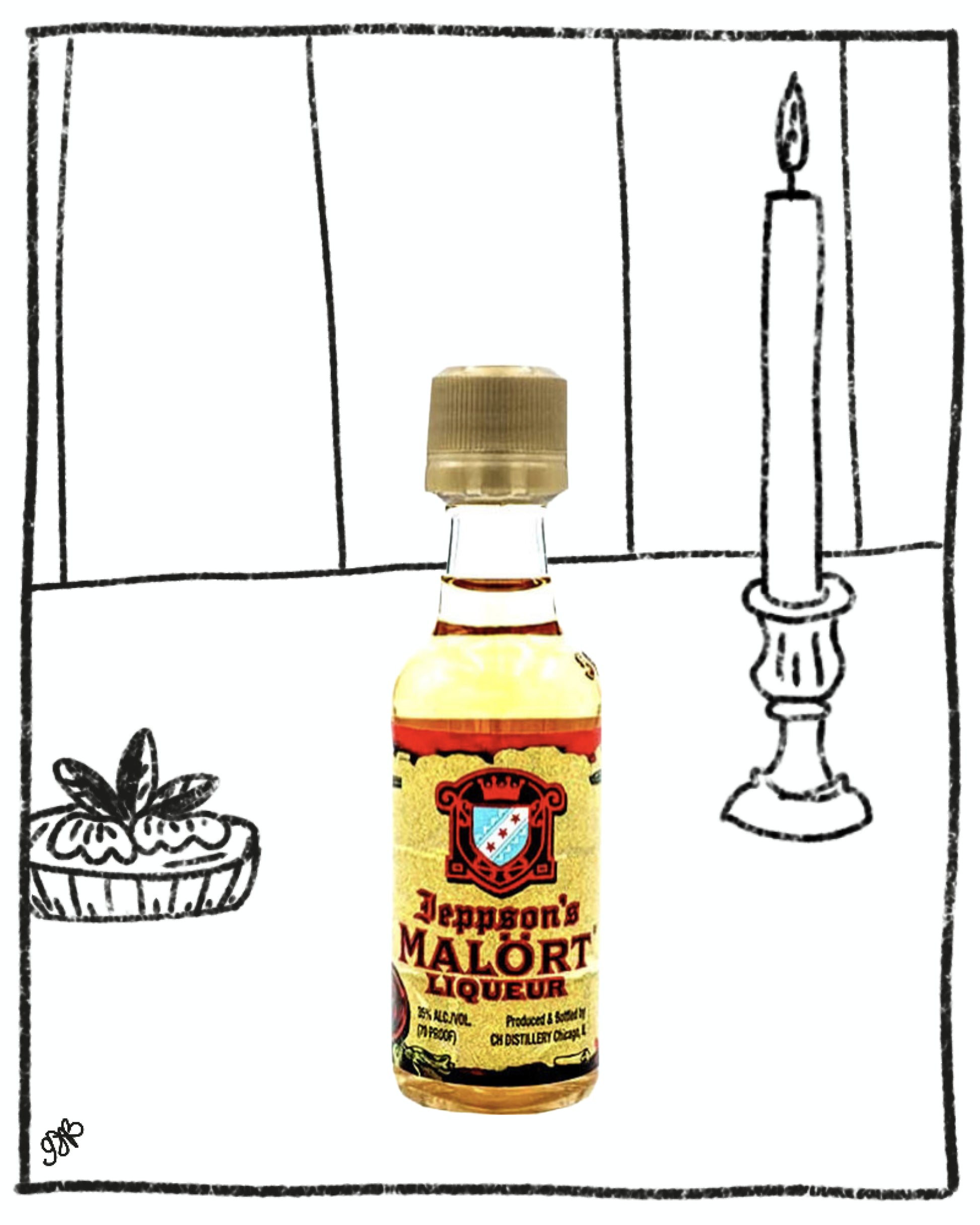 Mini bottle of malort liquer on a black and white background