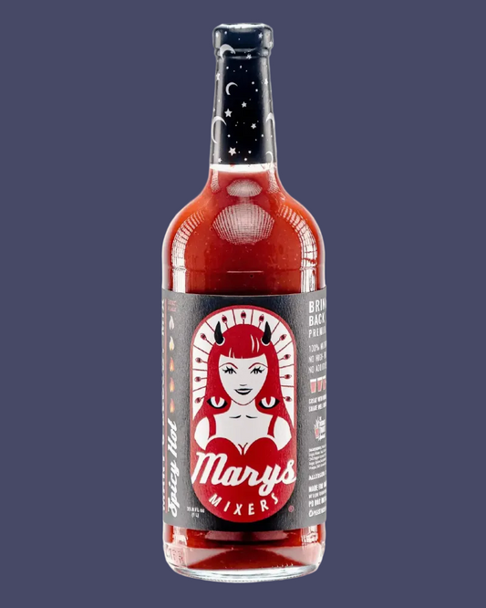 Bottle of Mary's Mixers Spicy Hot with a red label on a dark background