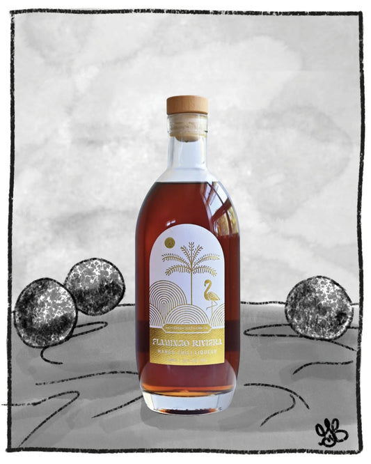 Bottle of rum with a label on a textured gray background