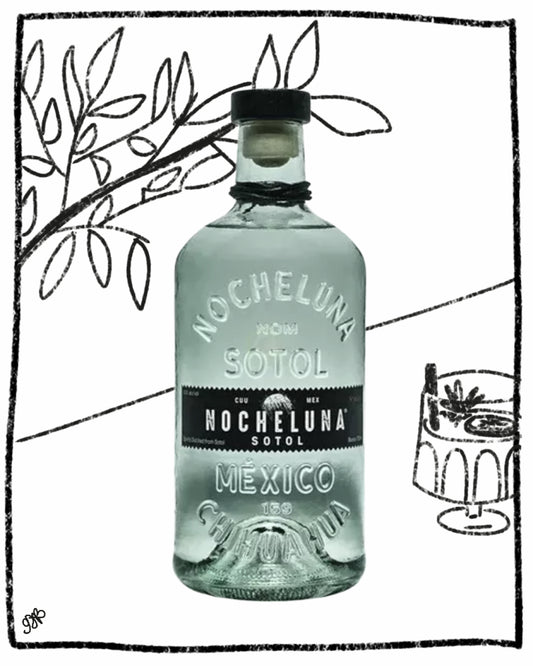 Bottle of Nocheluna Sotol with a black and white illustration in the background