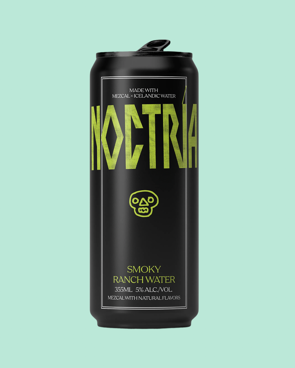 A black can of Noctria Smoky Ranch Water with lime green text and a skull logo, centered on a solid pale mint green background.