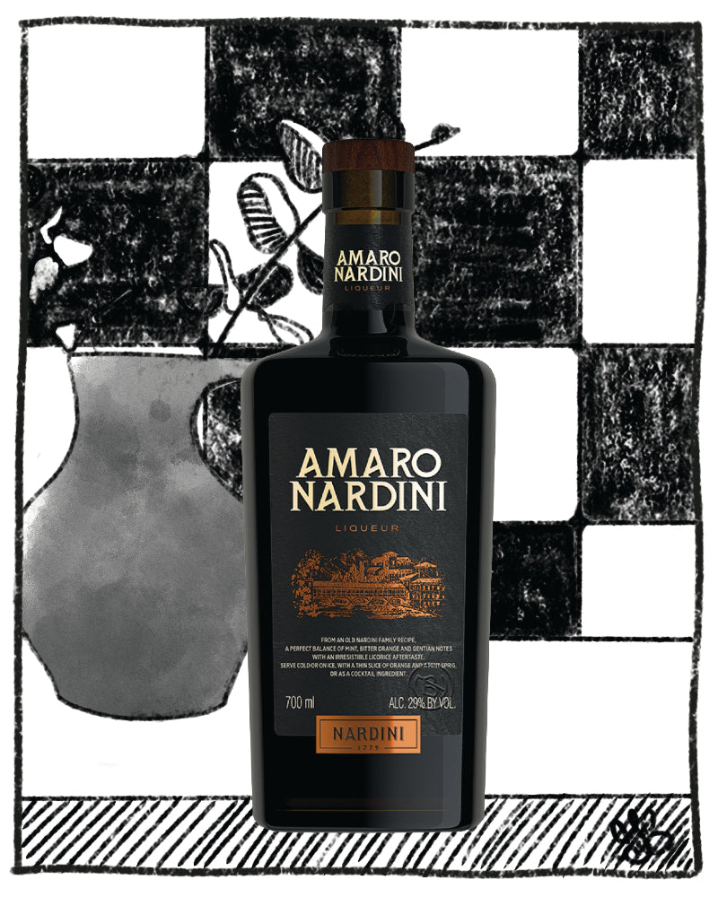 Amaro Nardini bottle on a black and white checkered background