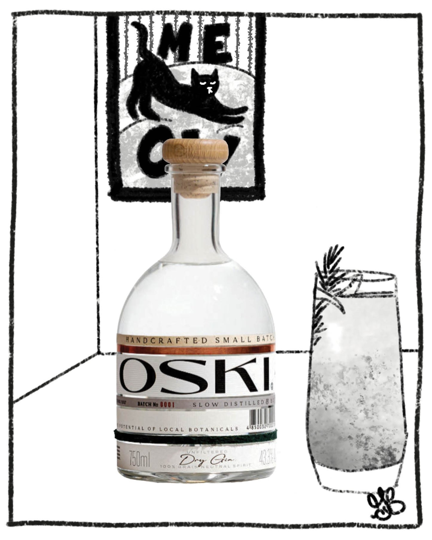 Bottle of Oski gin with a glass of cocktail on a white background