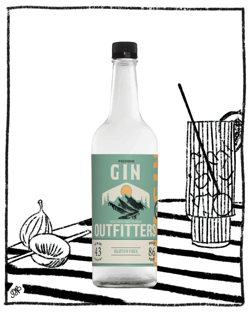 A bottle of Outfitters Gin centered on a white background with black-and-white illustrated props, including a cocktail glass, straw, and fruit. The bottle has a black cap and a muted green label with the brand name OUTFITTERS and the word GIN.