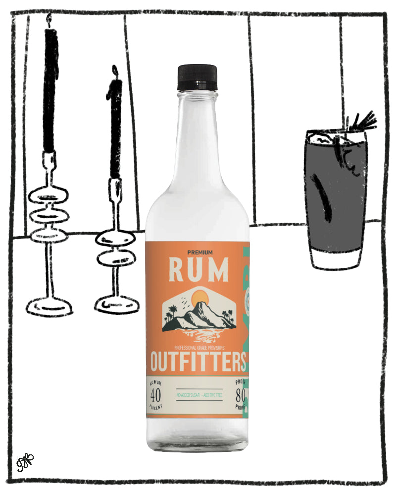 A clear bottle of Rum Outfitters rum spirit centered on a white background with black hand-drawn line illustrations of candles, a glass, and a vertical frame behind it. The bottle label is orange, cream, and green, with the brand name 'RUM OUTFITTERS' clearly visible.