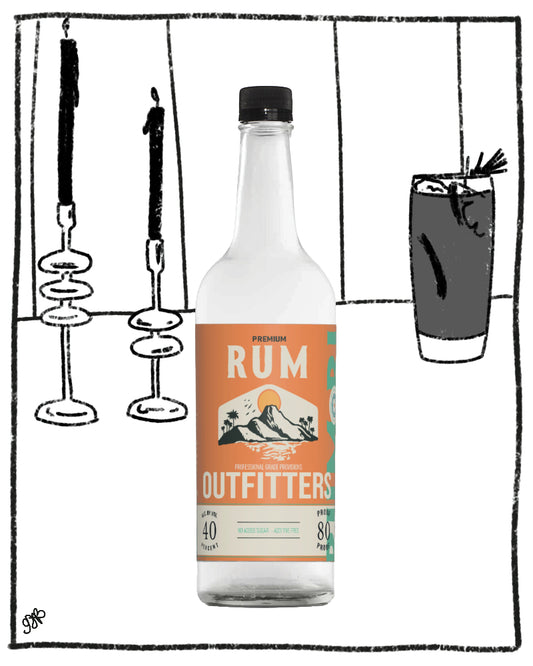 A clear bottle of Rum Outfitters rum spirit centered on a white background with black hand-drawn line illustrations of candles, a glass, and a vertical frame behind it. The bottle label is orange, cream, and green, with the brand name 'RUM OUTFITTERS' clearly visible.