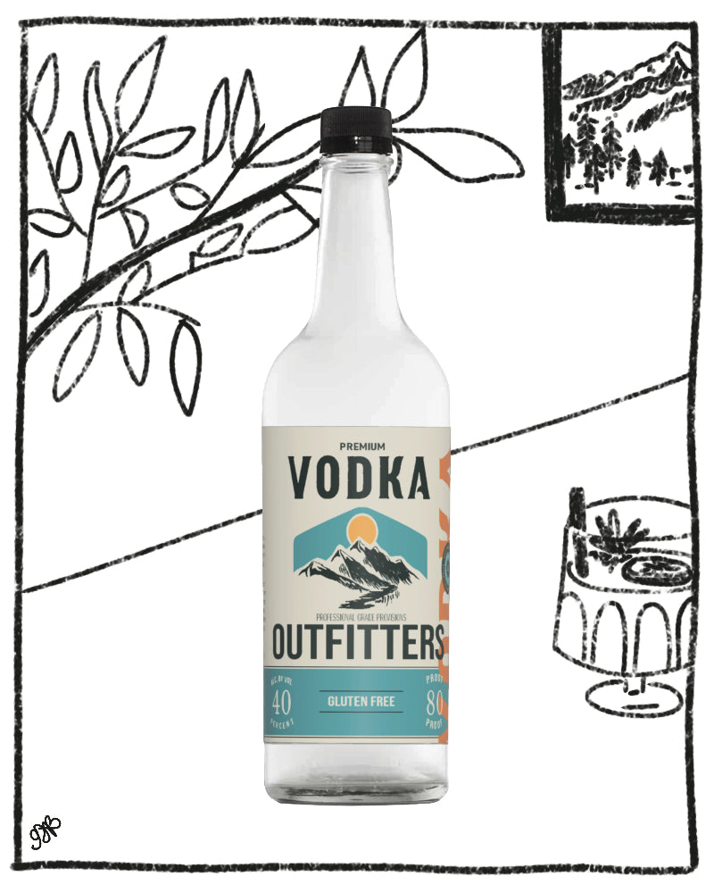 A clear glass bottle of Vodka Outfitters premium vodka with a black cap and a cream label featuring a mountain graphic, centered on a white background with hand-drawn black line art illustrations.