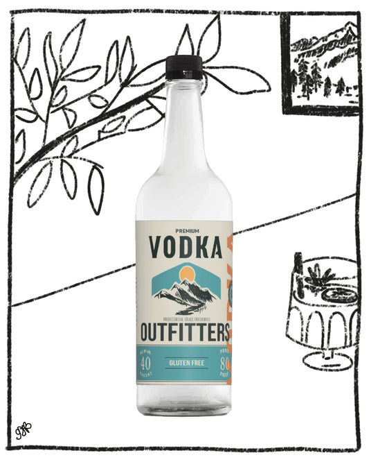 A clear glass bottle of Vodka Outfitters premium vodka with a black cap and a cream label featuring a mountain graphic, centered on a white background with hand-drawn black line art illustrations.