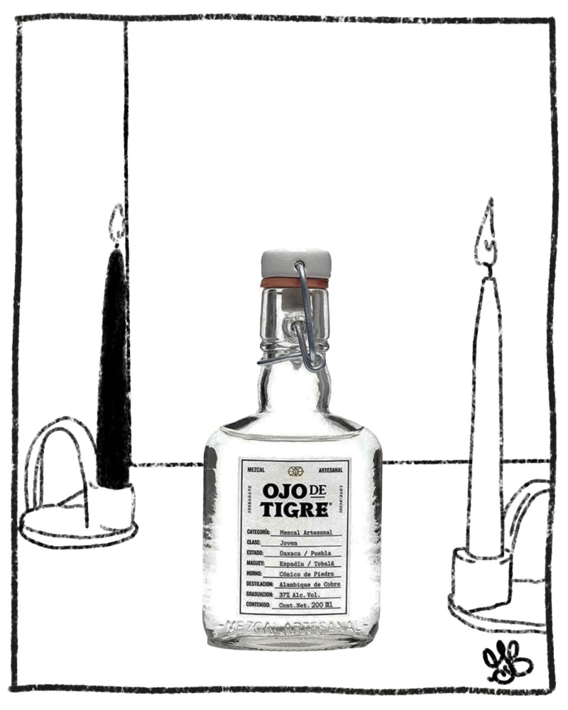 Bottle of Ojo de Tigre tequila with candles on a white background