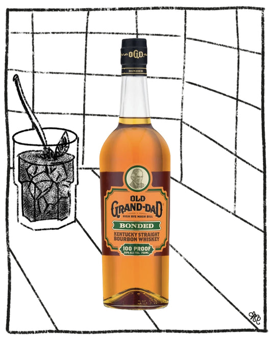 A bottle of Old Grand-Dad Bonded Kentucky Straight Bourbon Whiskey centered on a white background with black hand-drawn grid lines. To the left is a sketch-style illustration of a glass with ice and a straw.