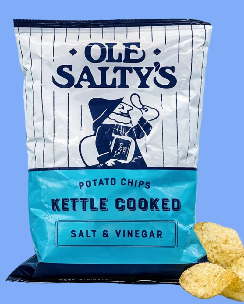 Ole Salty's kettle cooked potato chips packaging with a blue background