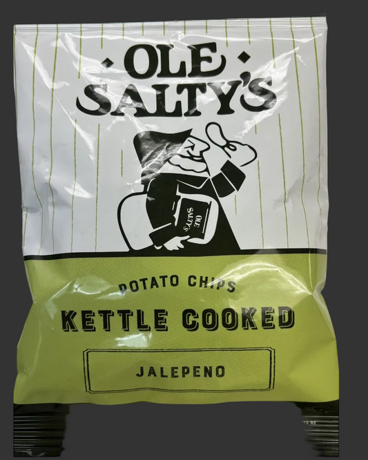Ole Salty's kettle cooked potato chips packaging with a jalepeno flavor on a black background.