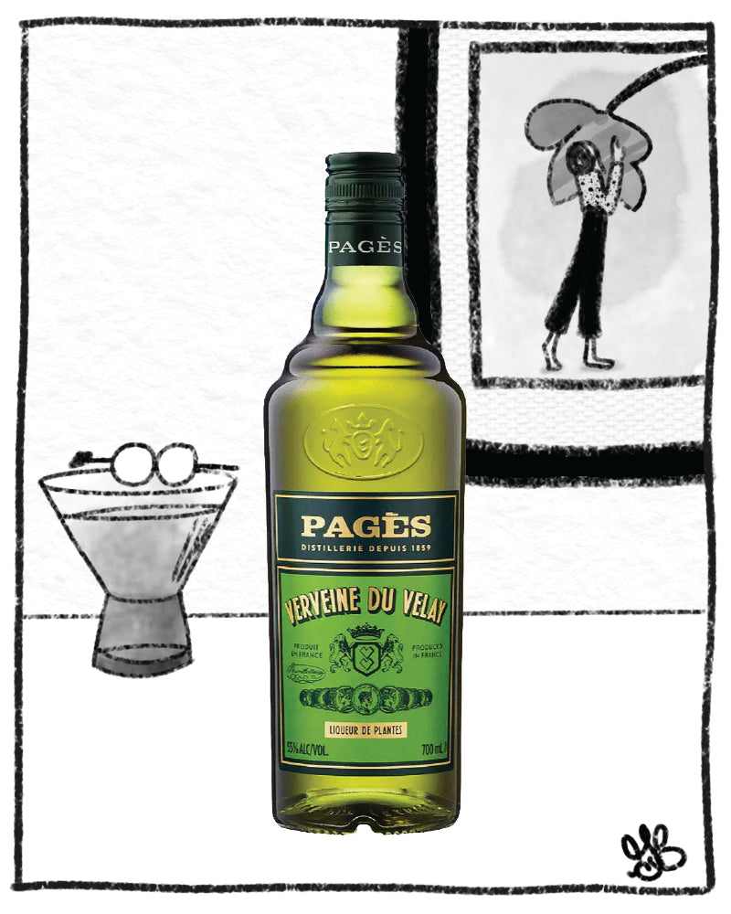 Green bottle of Pagés Liqueure on a black and white illustrated background