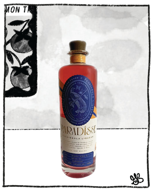 Paradis bottle with colorful label on a light gray background