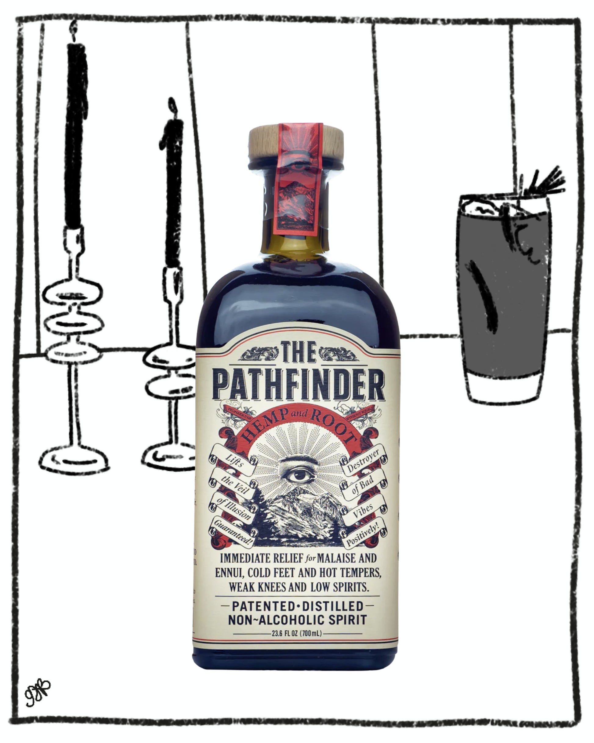 Bottle of 'The Pathfinder' non-alcoholic spirit with a label featuring text and graphics on a black and white background.