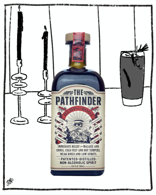 Bottle of 'The Pathfinder' non-alcoholic spirit with a label featuring text and graphics on a black and white background.