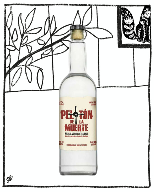 Bottle of Mezcal with 'PeleÃƒÂ³n de la Muerte' label on a white background with black line art.