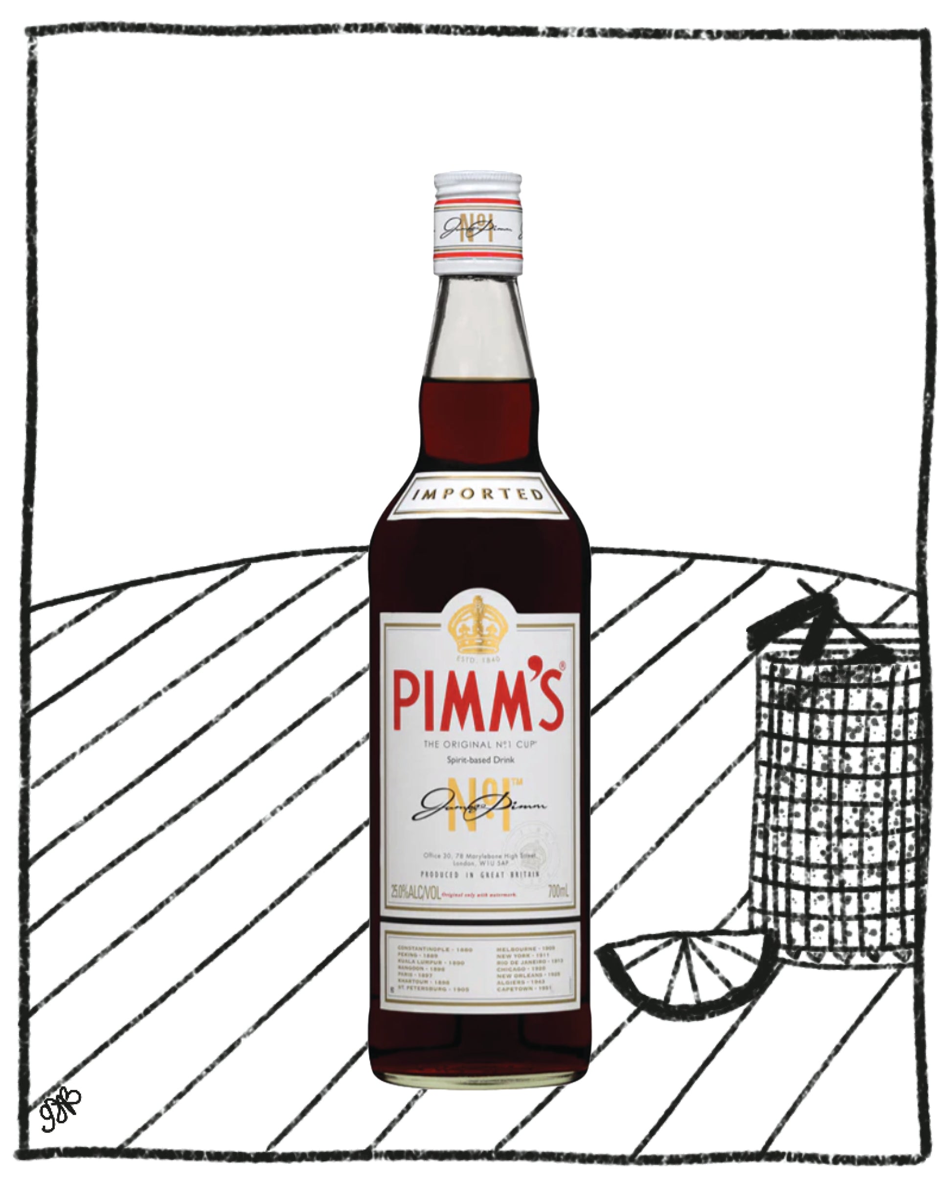 Bottle of Pimm's with a lemon wedge on a white background