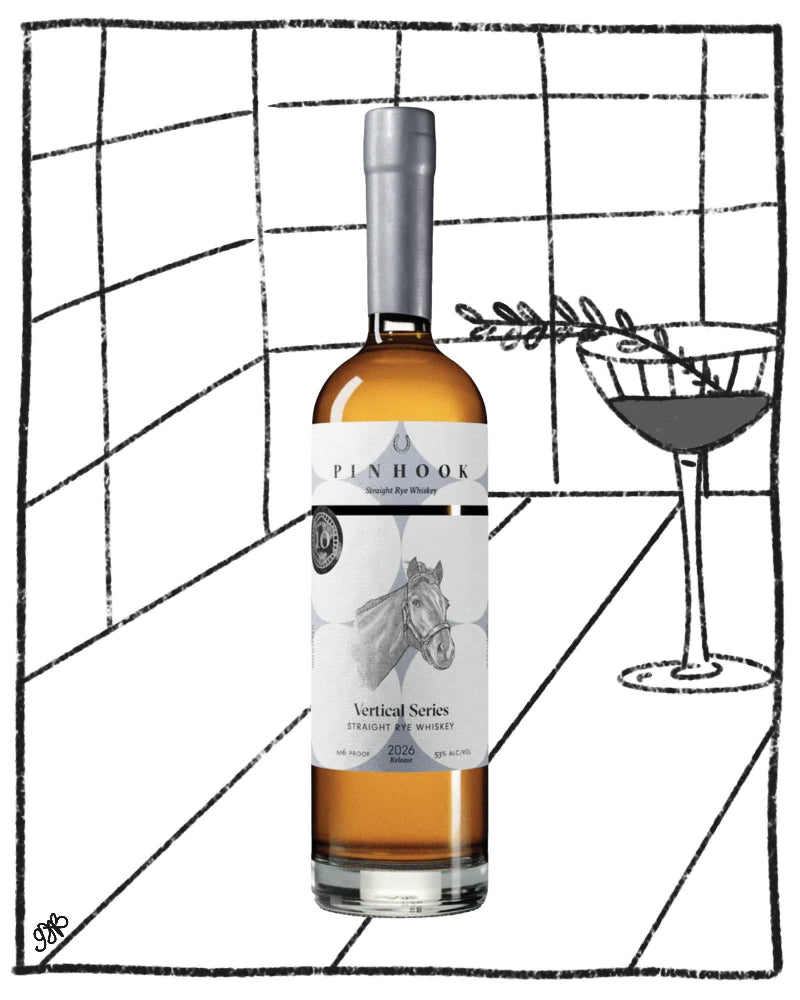 Bottle of whiskey with a label featuring a horse, on a geometric black and white background.