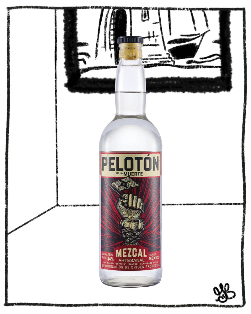 Peloton Mezcal bottle with a black and white abstract design in the background