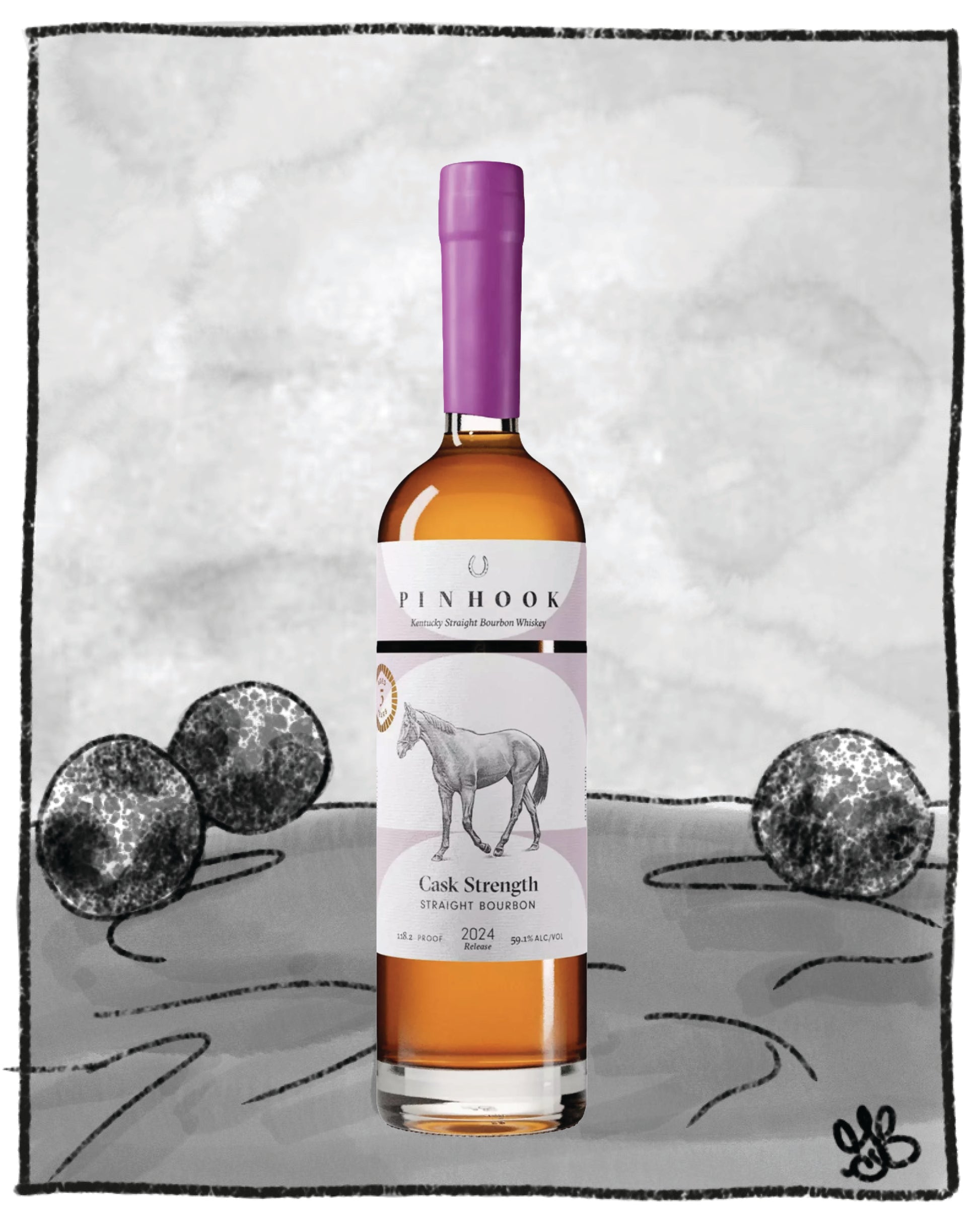 Bottle of Pinhook whiskey with a purple cap on a textured gray background
