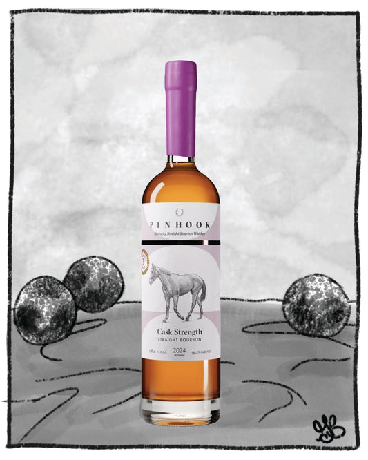 Bottle of Pinhook whiskey with a purple cap on a textured gray background