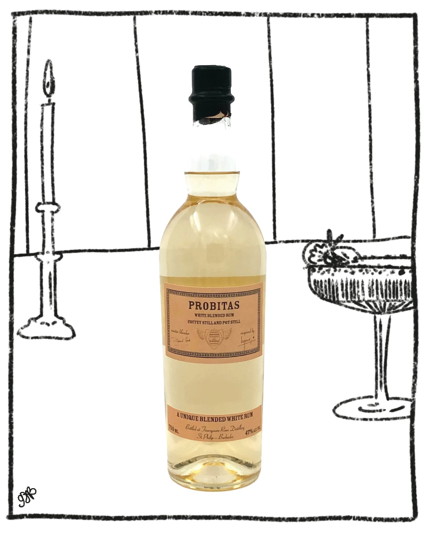 Bottle of Probitas white blended whiskey with a black and white illustration of a bar setting.