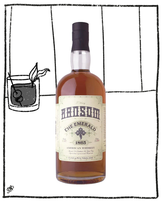A bottle of Arisum The Emerald 1805 American Whiskey centered on a white background with a hand-drawn black line art sketch of a cocktail glass on the left.