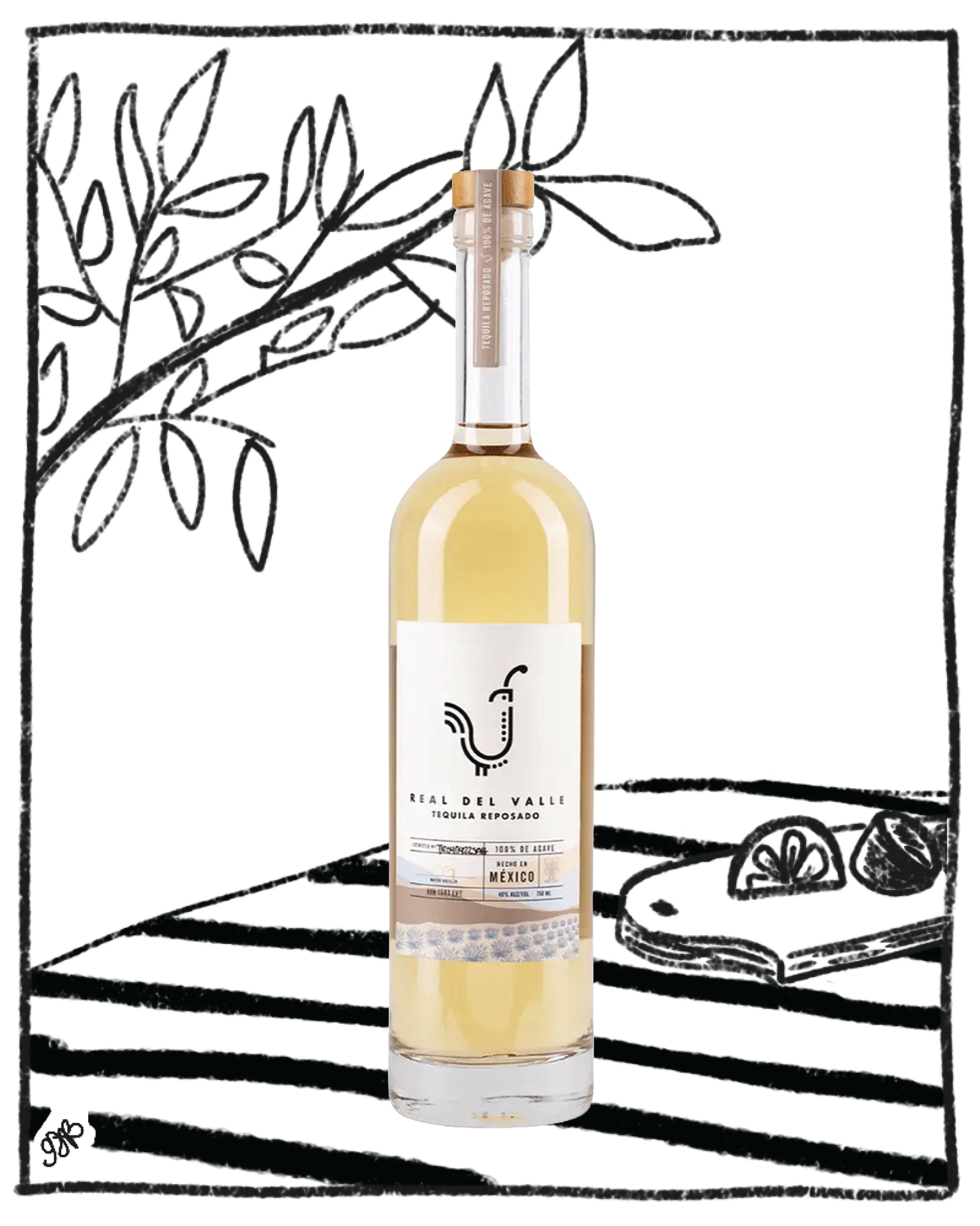 Bottle of white wine with a label on a black and white striped background